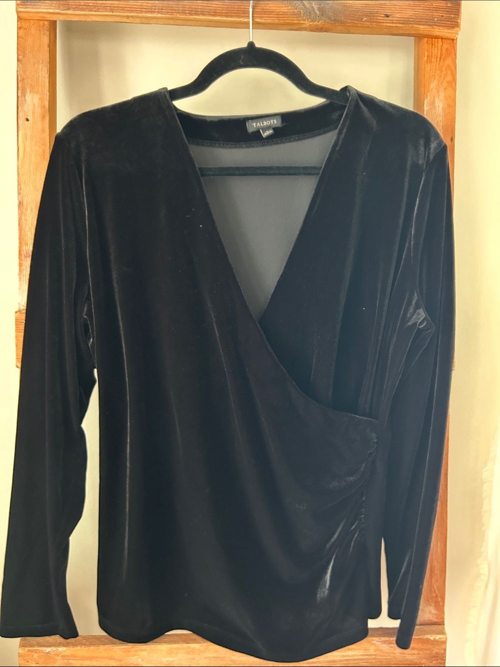 Talbots Black Velvet Wrap-Front Long Sleeve Top